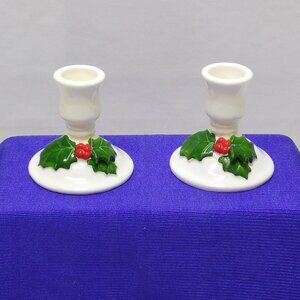 Lillian Vernon Ceramic Holiday Candle Holders With Holly & Berries Design EUC